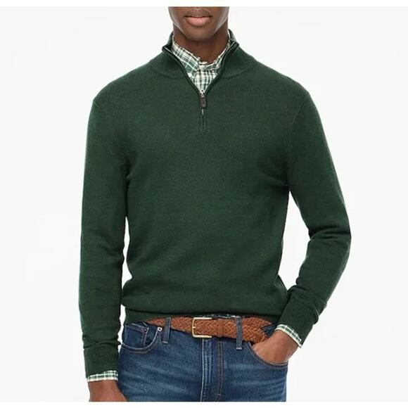 J.Crew Cotton Half-zip Sweater Mens L Green Pullover Ribbed Trim Leather Zipper - Picture 1 of 8